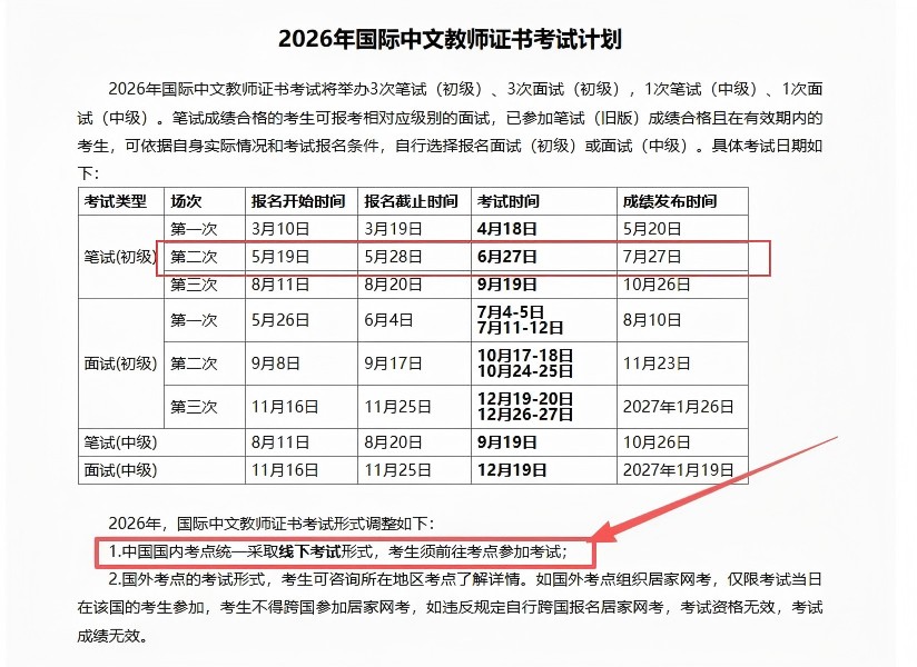 2026年6月国际中文教师证书（初级） 笔试通知