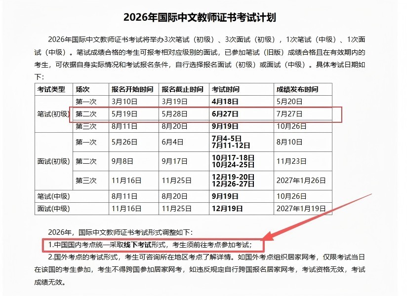 2026年6月国际中文教师证书（初级） 笔试通知
